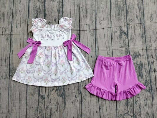 Pre order purple bow flower mama's mini shorts set