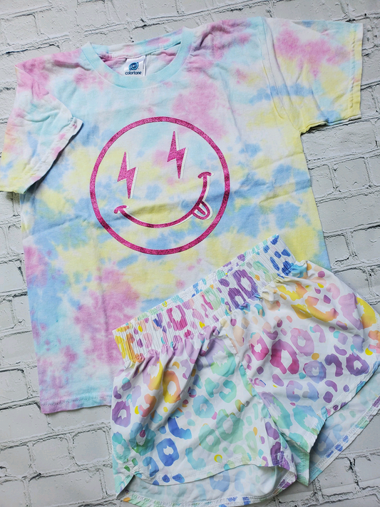 presale GSSO2495   Baby Girls Tie-dye Smile Top Colorful Leopard Shorts Sets  D 3.22