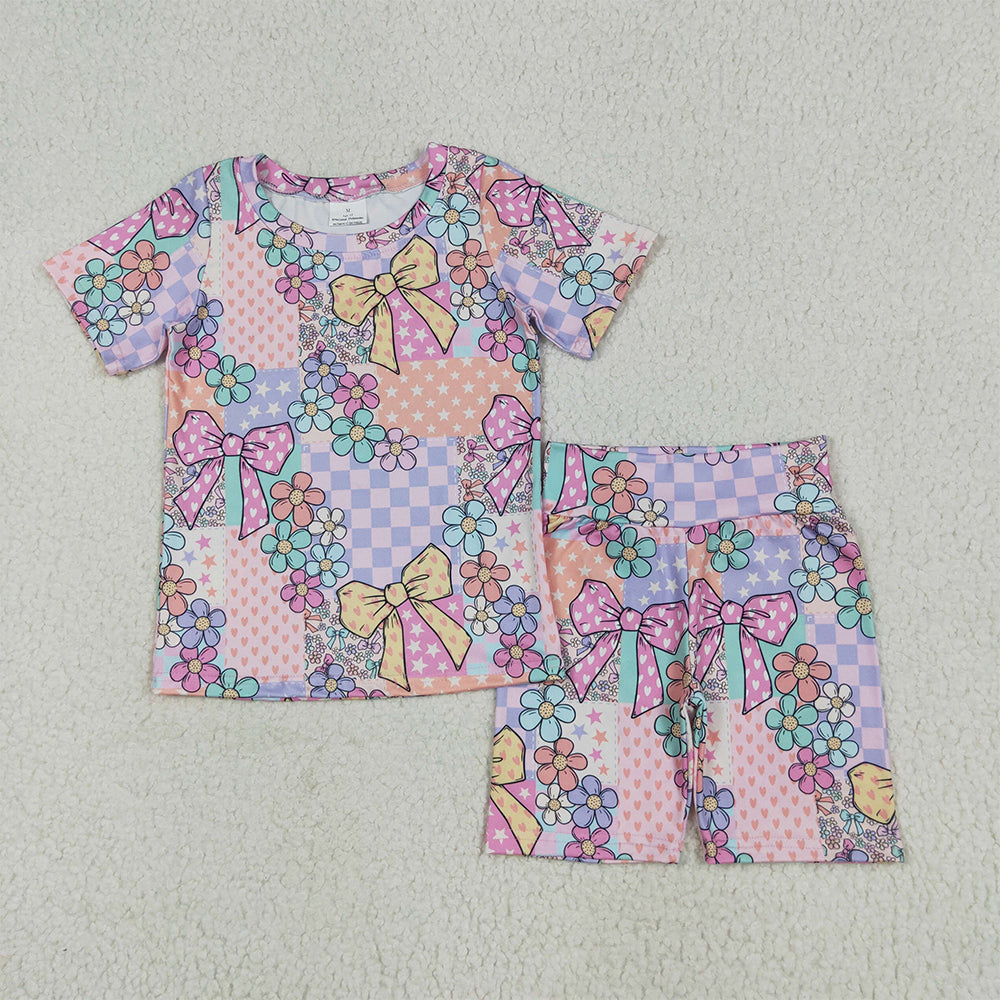 GSSO2509   Baby Girls Pink Flowers Plaid Top Short Biking Set  D 6.5