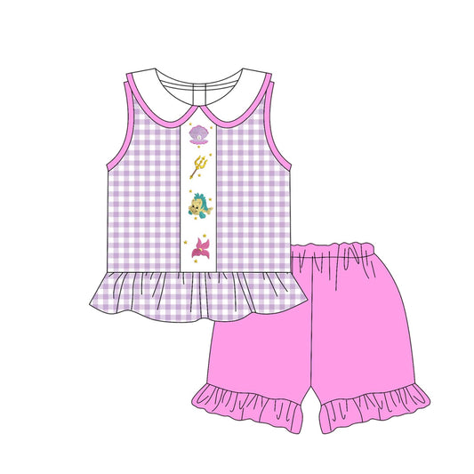 presale GSSO2510 Baby Girls Lavender Plaid Cartoon Fish Tunic Ruffle Short Set D 3.24