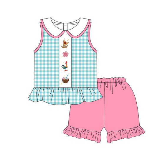 presale GSSO2511 Baby Girls Blue Plaid Floral Boat Tunic Ruffle Short Set   D 3.24