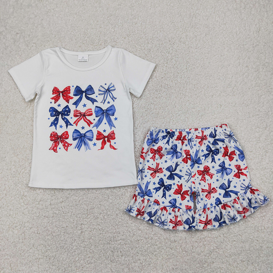 GSSO2512 Baby Girls Blue Red Bows Stars Top Ruffle Short 4th Of July Set D 4.7