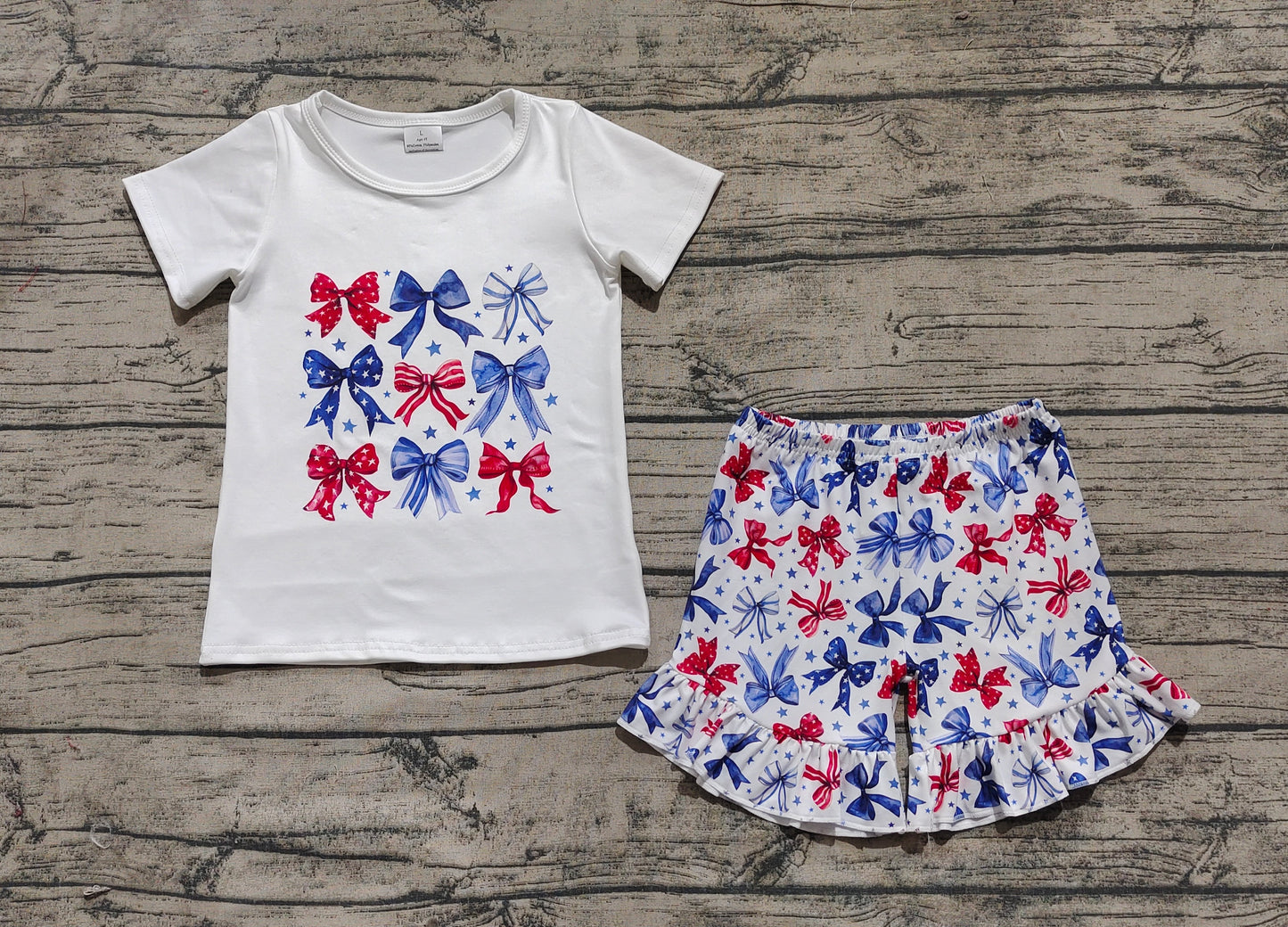 GSSO2512 Baby Girls Blue Red Bows Stars Top Ruffle Short 4th Of July Set  D 4.7