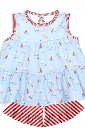 presale GSSO2513 Baby Girls Boats Tunic Red Stripe Ruffle Short Set D 3.24