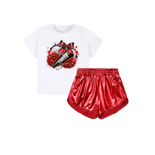 presale GSSO2514  Baby Girls Bows CHEER Top Red Pleather Pockets Short Set  D 3.24