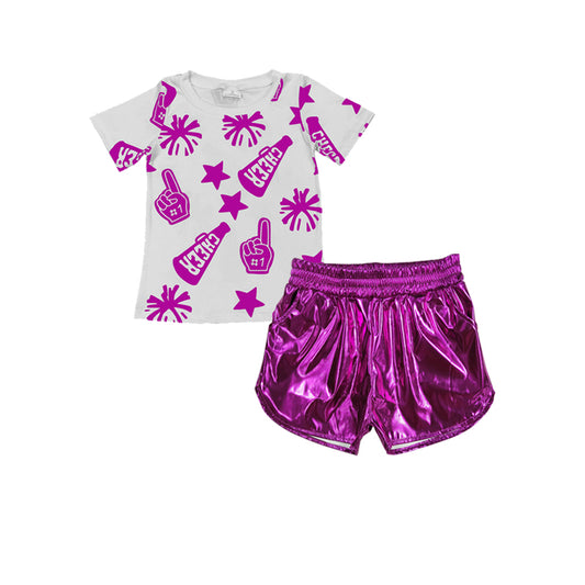 presale GSSO2515  Baby Girls Hot Pink Firework CHEER Top Pockets Pleather Short Set  D 3.26