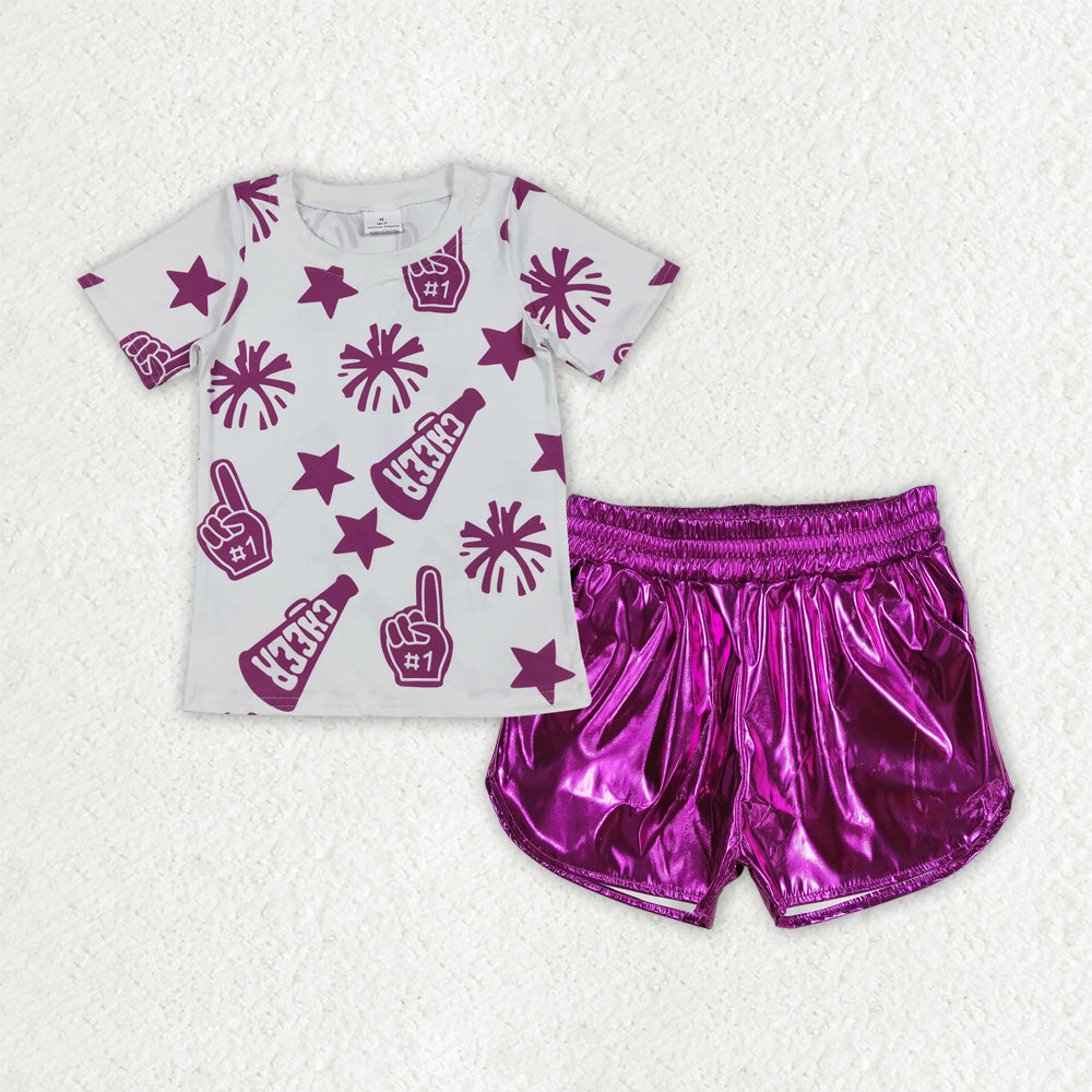 GSSO2515  Baby Girls Cheer Hot Pink Team Tops Leather Shorts Clothes Sets D 6.18