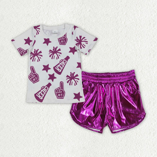 GSSO2515 Baby Girls Cheer Hot Pink Team Tops Leather Shorts Clothes Sets D 6.18