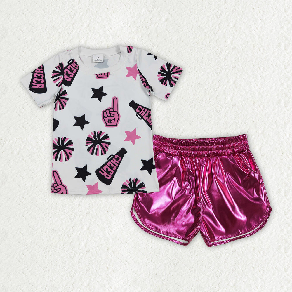 Sibling Baby Girls Cheer Team Shirts Top Leather Shorts Summer Clothes Sets  D 6.18
