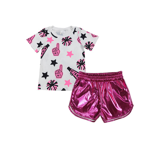 presale GSSO2516 Baby Girls Pink Firework Stars Top Pockets Pleather Short Set D 3.26