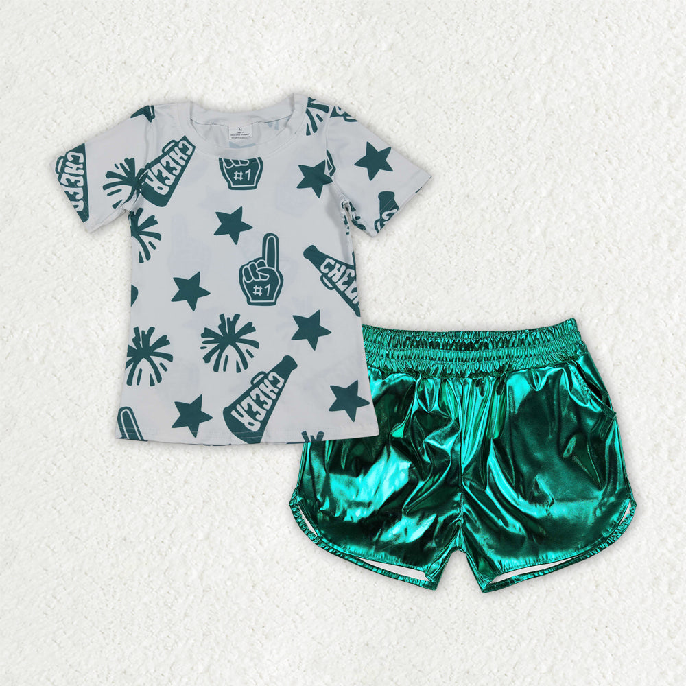 GSSO2517  Baby Girls Cheer Green Team Tops Leather Shorts Clothes Sets D 6.18