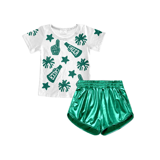 presale GSSO2517 Baby Girls Green Firework CHEER Top Pockets Pleather Short Set D 3.26