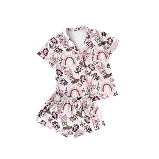 presale GSSO2520 Baby Girls Boots Rainbows Button Pocket Top Short Pajamas Set D 3.28