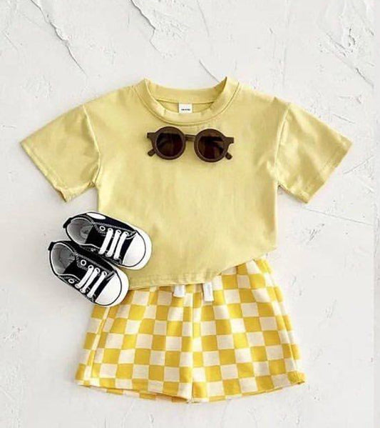 presale GSSO2523 Baby Girls Yellow Short Sleeves Top Plaid Short Set D 3.28