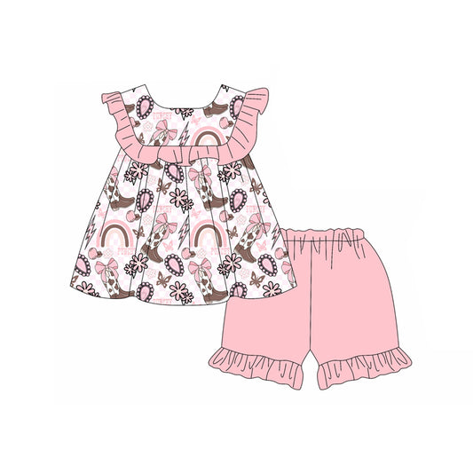 presale GSSO2525 Baby Girls Pink Sleeveless Boots Rainbows Top Ruffle Short Set D 3.28
