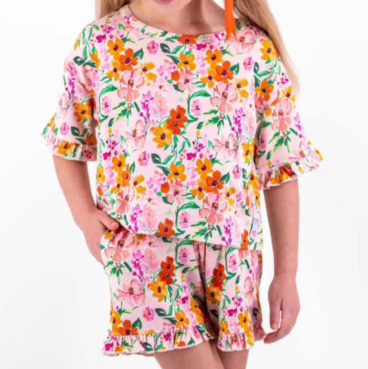 presale GSSO2526 Baby Girls Pink Short Ruffle Sleeves Floral Top Short Pajamas Set D 3.28