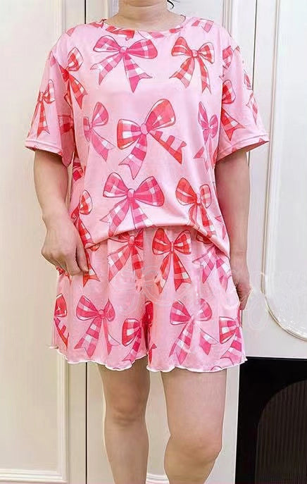 presale GSSO2527  Adult female plaid bow pattern pink short-sleeved shorts suit D 3.29