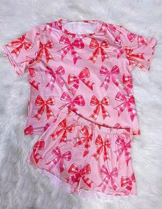 presale GSSO2528 Baby Girls Pink plaid bow pattern short-sleeved shorts set D 3.29