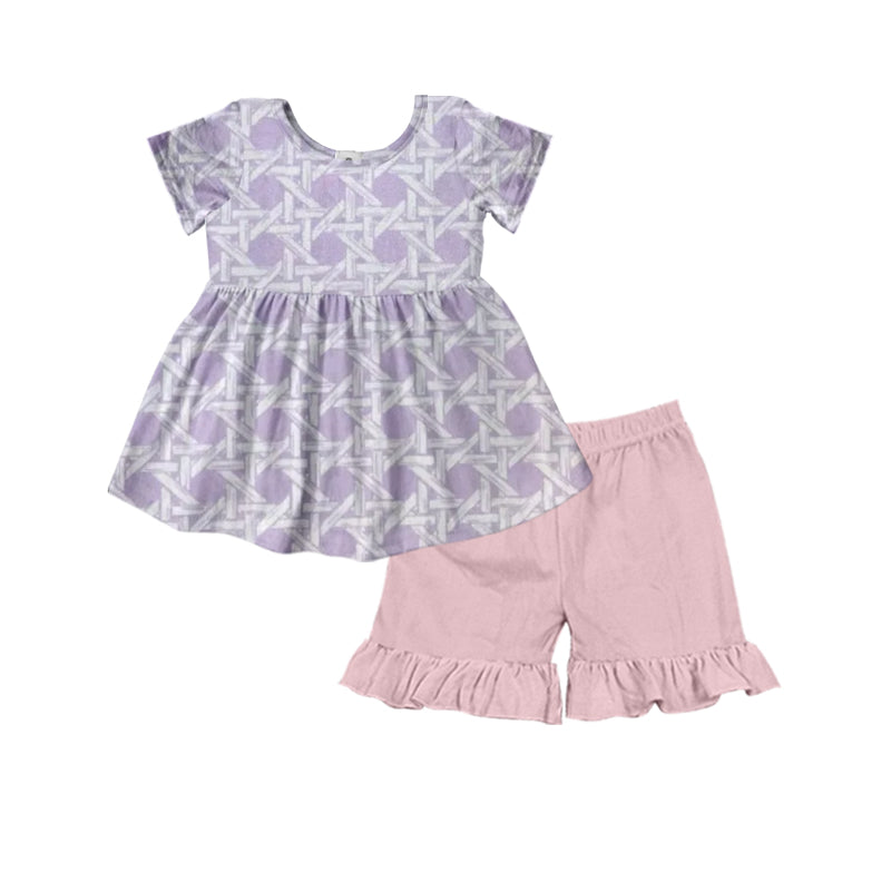 presale GSSO2529  Purple and white pattern short-sleeved pink shorts set D 3.29