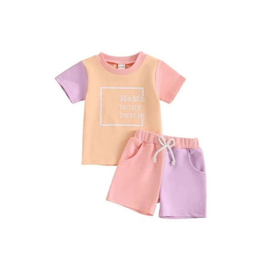 presale GSSO2531 mama is my bestie letter contrast pink and purple short-sleeved shorts suit D 3.29