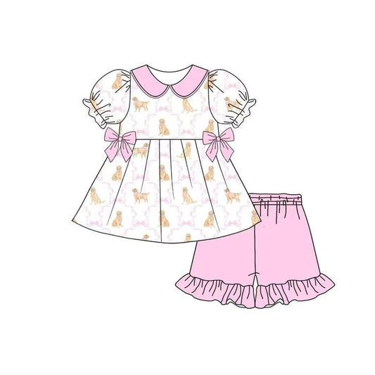 presale GSSO2532 Puppy Pink Bow Pattern Plaid Doll Collar Short Sleeve Shorts Set D 3.29
