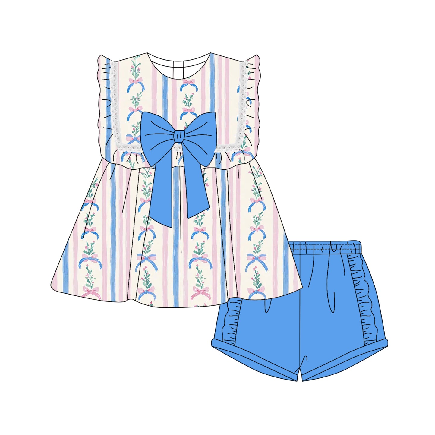 GSSO2533 Light blue bow pattern striped floral lace sleeve shorts set  D 902