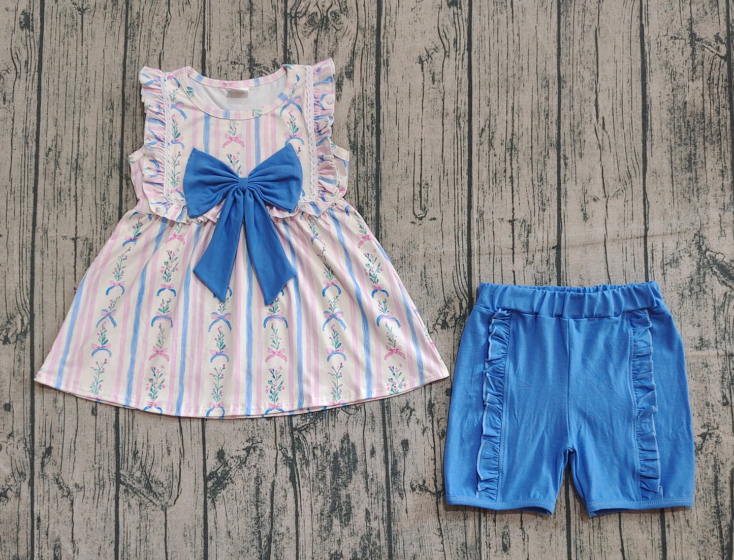 GSSO2533 Light blue bow pattern striped floral lace sleeve shorts set  D 902