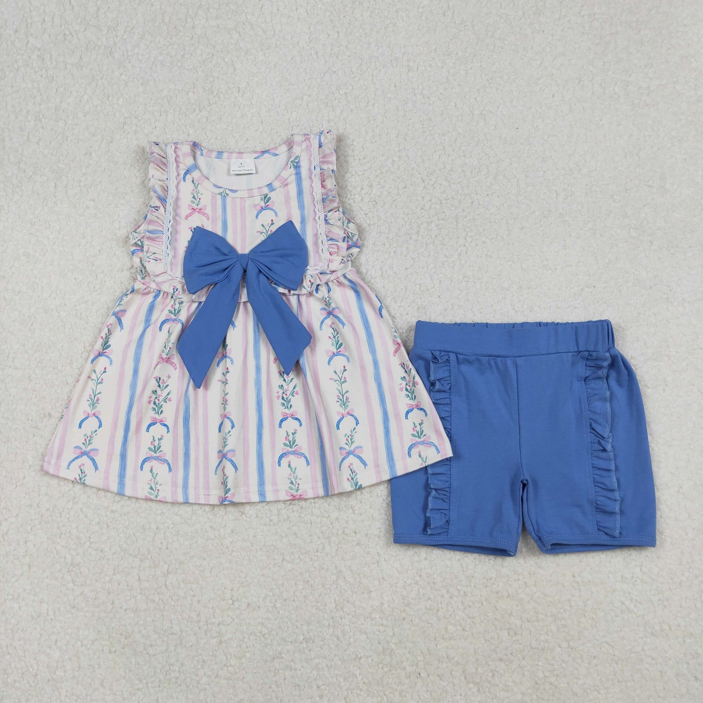 GSSO2533 Light blue bow pattern striped floral lace sleeve shorts set  D 902