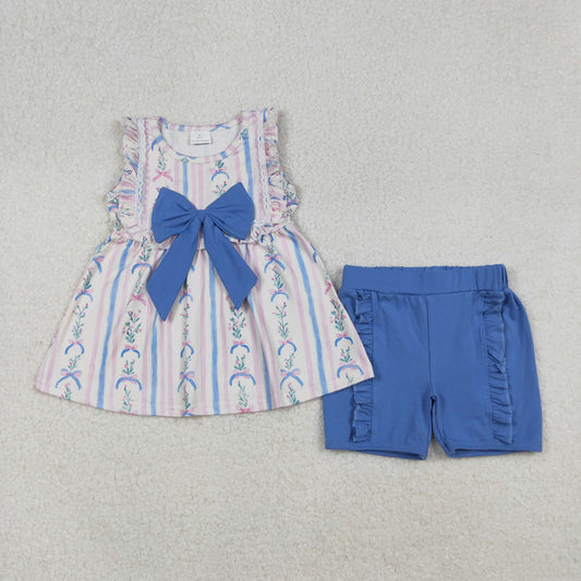 GSSO2533 Light blue bow pattern striped floral lace sleeve shorts set  D 902