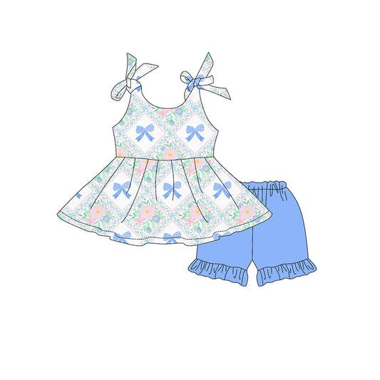 presale GSSO2536 Floral Blue Bow Pattern Plaid Overall Shorts Set D 3.29