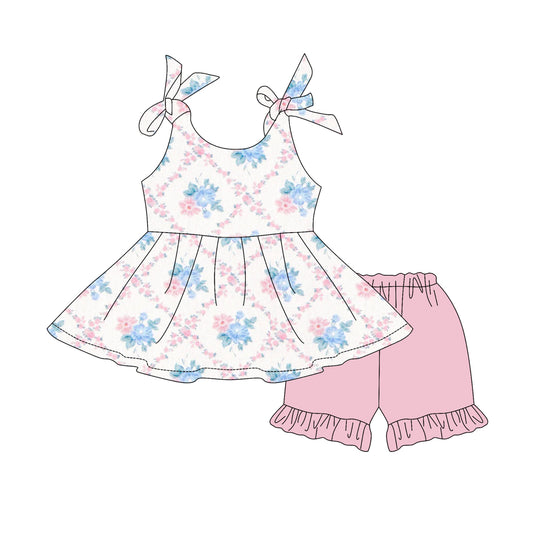 presale GSSO2537 Powder Blue Floral Plaid Suspender Shorts Set  D 3.29