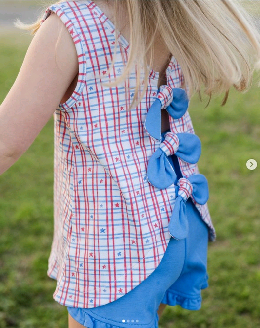 presale GSSO2539  Baby Girls Sleeveless Blue Red Plaid Stars Tunic Ruffle Short 4th Of July Set  D 4.2
