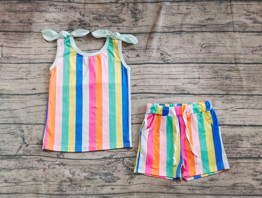 presale GSSO2540 Baby Girls Sleeveless Colorful Stripe Top Pockets Short Set D 4.9