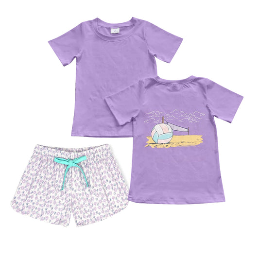 presale GSSO2541  Baby Girls Purple Short Sleeves Football Top Floral Short Set  D 4.2