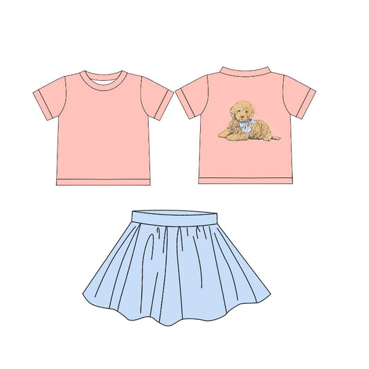 presale GSSO2542 Baby Girls Pink Short Sleeves Dog Top Blue Skirt Set D 4.2