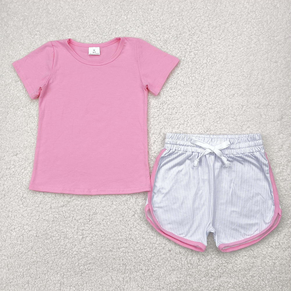 GSSO2543  little girl pink tee stripes shorts set