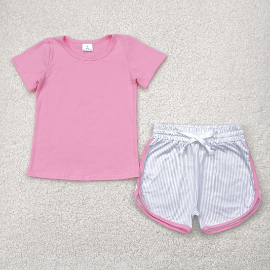 GSSO2543  little girl pink tee stripes shorts set