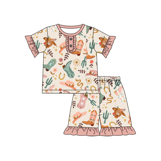 presale GSSO2548  Baby Girls Peach Highland Cows Boots Button Top Short Pajamas Set D 4.3