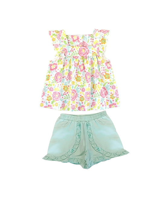 presale GSSO2549 Baby Girls Flutter Sleeves Yellow Pink Floral Tunic Aqua Ruffle Short Set D 4.3
