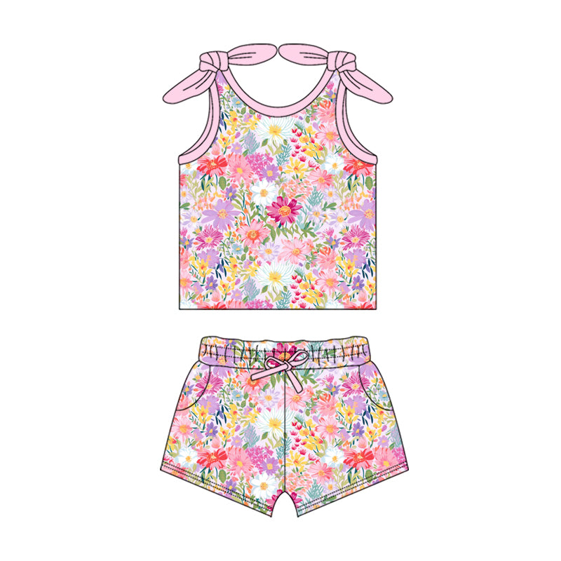 GSSO2551 Baby Girls Pink Bows Strap Floral Top Pockets Short Set   D 815