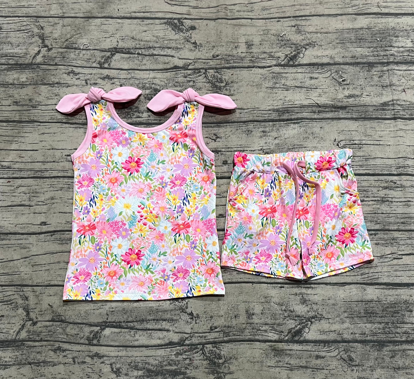 GSSO2551 Baby Girls Pink Bows Strap Floral Top Pockets Short Set   D 815