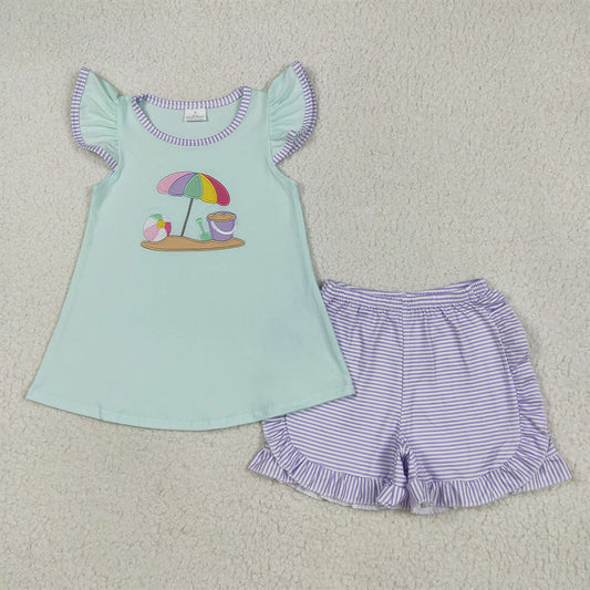 GSSO2553 Baby Girls Flutter Sleeves Beach Tunic Lavender Stripe Ruffle Short Set  D 5.30