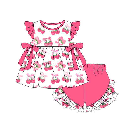 presale GSSO2554  Baby Girls Pink Flutter Sleeves Bows Strawberry Tunic Ruffle Short Set D 4.3