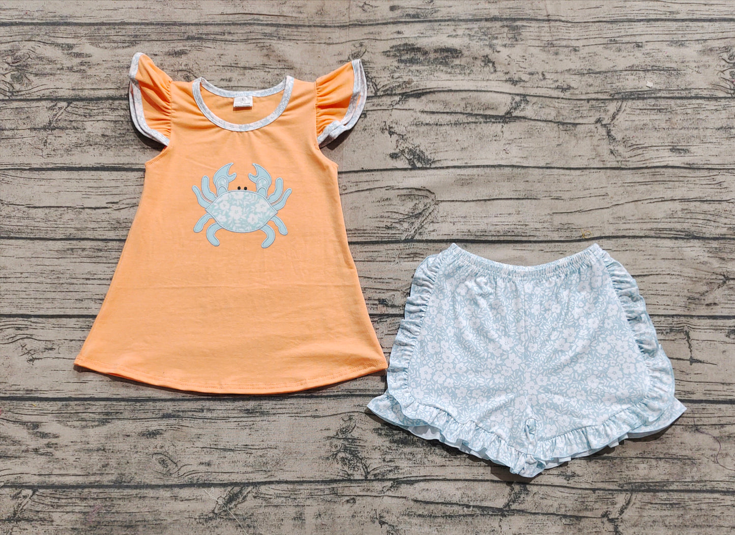 GSSO2555 Embroidery Baby Girls Orange Flutter Sleeves Crab Tunic Floral Ruffle Short Set D 5.22