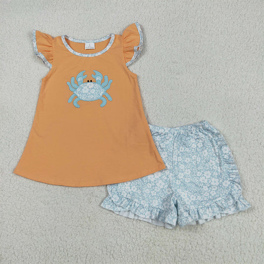 GSSO2555 Embroidery Baby Girls Orange Flutter Sleeves Crab Tunic Floral Ruffle Short Set D 5.22