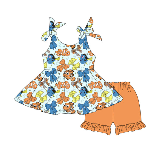 presale GSSO2556  Baby Girls Strap Colorful Cartoon Fishes Bows Tunic Orange Ruffle Short Set D 4.4