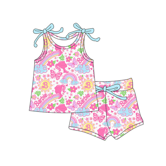 presale GSSO2557  Baby Girls Bows Sleeveless Cartoon  Flowers Top Short Set D 4.4
