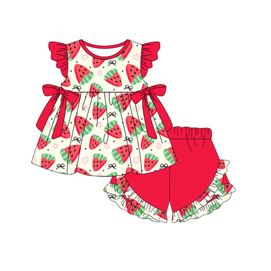 presale GSSO2559  Baby Girls Red Flutter Sleeves Bows Strawberry Tunic Ruffle Short Set  D 4.4