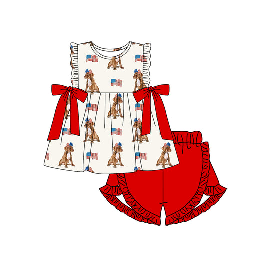presale GSSO2560 Baby Girls Sleeveless Flags Dogs Bows Tunic Ruffle Short 4th Of July Set D 4.4