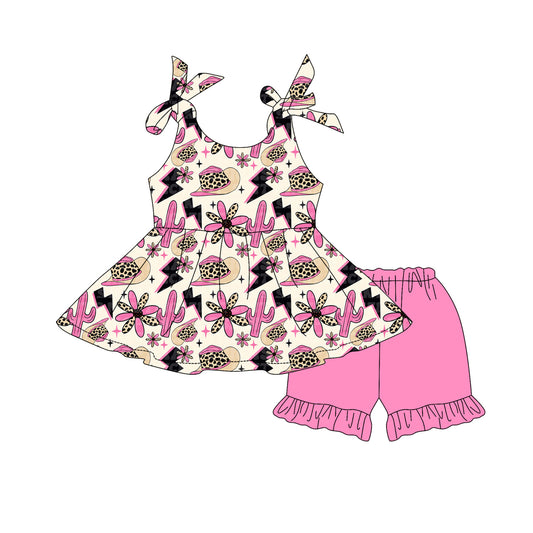 presale GSSO2561  Baby Girls Strap Flowers Hats Tunic Pink Ruffle Short Set D 4.4